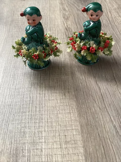 Inarco Ceramic Green Knee Hugger Pixie Elf Figurine Plastic Wreath 1960s Lot 2