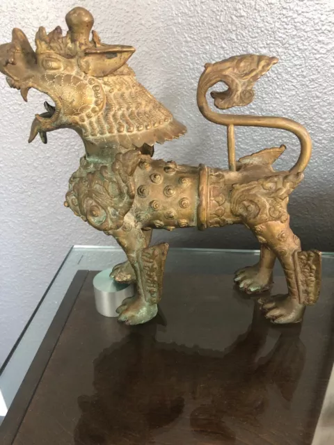 Ornate Standing Solid Bronze Vintage Asian Fu Dog Lion
