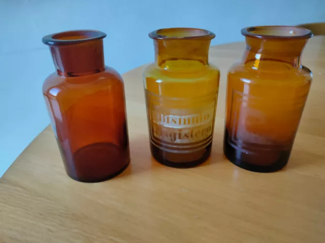 ANTICO VASO CONTENITORE Laboratorio Farmacia set di 3 pezzi  in vetro ambrato