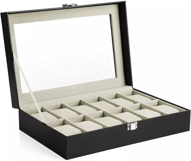 Caja Porta Relojes Elegante Con 12 Compartimentos Tapa de Vidrio Negro Y Beige