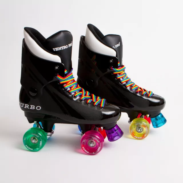 Ventro Pro Quad Roller Skates, Turbo 33 Style - Rainbow Mixed Wheels & Laces