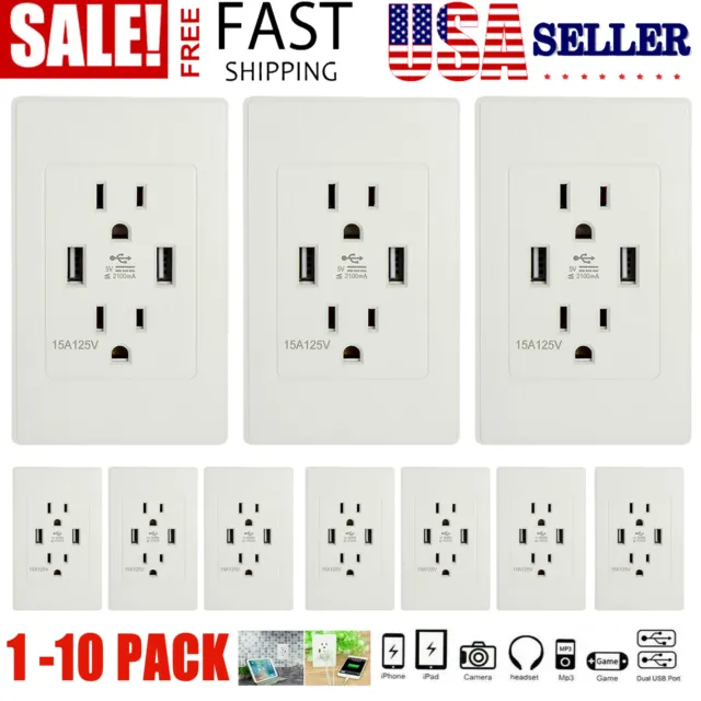 1-10 Pc Dual USB Wall Outlet Charger Port Socket With 15A Electrical Receptacles