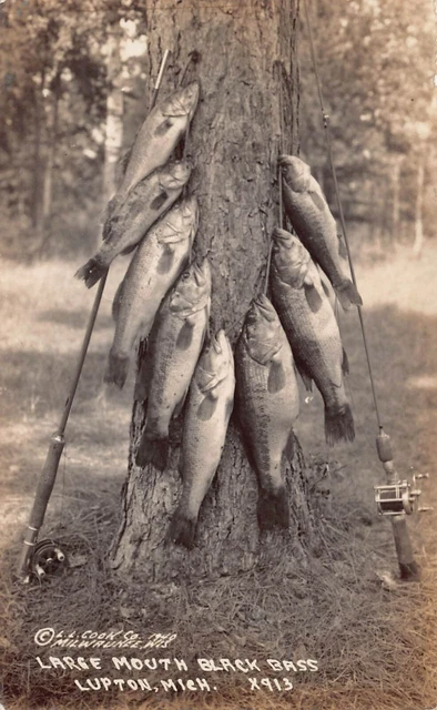 RPPC Lupton MI Michigan Ogemaw County Bass Fishing Rods Photo Vtg Postcard A5
