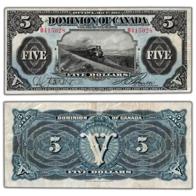 $5 1912 Dominion of Canada Note No Seal 'B' Before Sheet DC-21c - Nice VF/EF