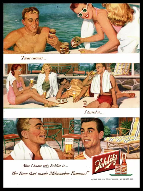 1949 Schlitz Beer Couples Drinking In Bathing Suits By Swimming Pool Print Ad
