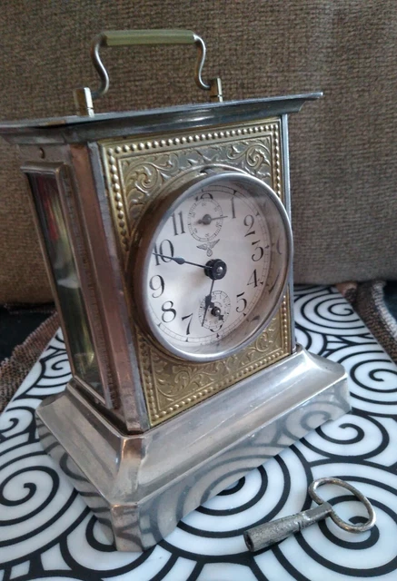 K.C. Co. Germany Antique Carriage Clock w/Key for Repair or Parts 7" Tall!