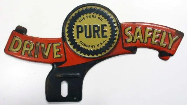 1940s Antique Pure Oil Advertising License Plate Topper Vintage Chevy Ford Coupe