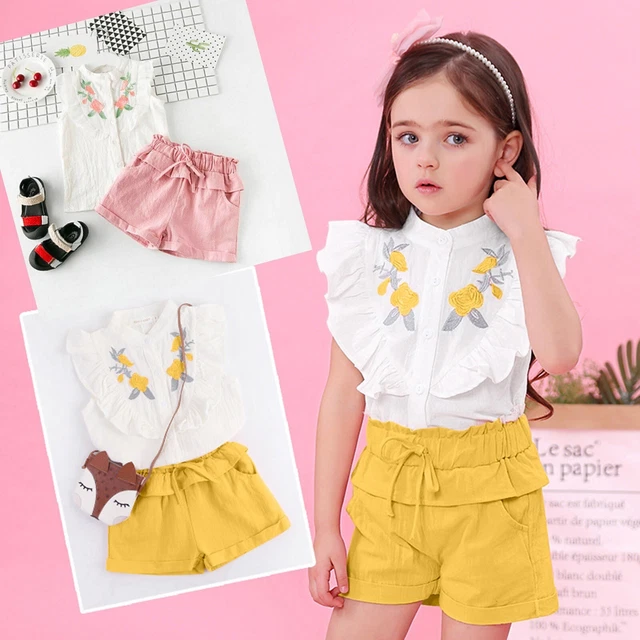 Baby Shirt Suspenders Toddler Embroidery Set Shorts Kids Ruffle Girls