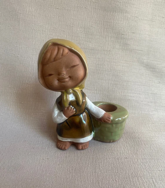 UCTCU Keramik Japan rote Tonfigur kleines Mädchen Kerzenhalter Redware
