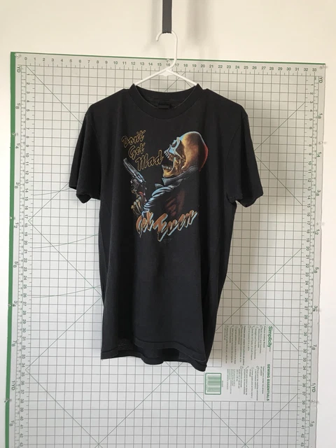 T-shirt Vintage 1987 Avec écusson 3D Just Brass 'Don't Get Mad' Tête De Mort - Taille Régulière, Noir, Occasion Très Bon état