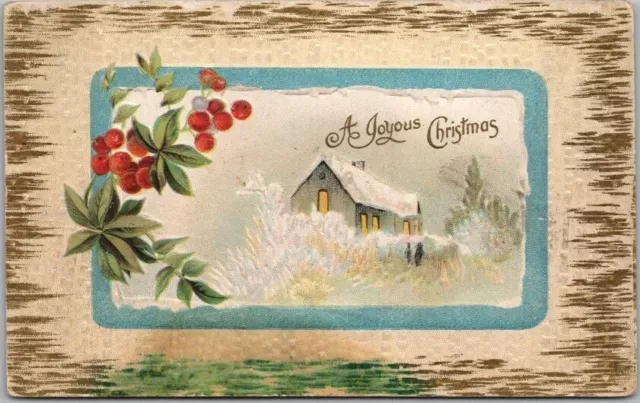 Vintage 1910s "A JOYOUS CHRISTMAS" Embossed Postcard House Scene / BS / UNUSED