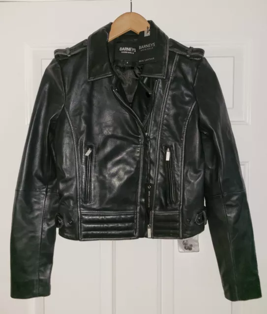 NWT Barney's Originals Black soft sheep Leather Moto Jacket Women's size 8