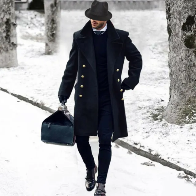 Men Woolen Long Jacket Trench Coat Double Breasted Overcoat Warm Outwear Winter 3