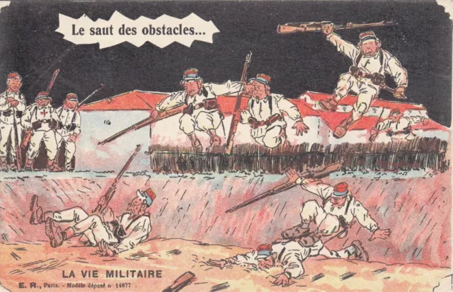 CPA GUERRE 14-18 WW1 FANTAISIE HALTE là la vie militaire le saut des obstacles