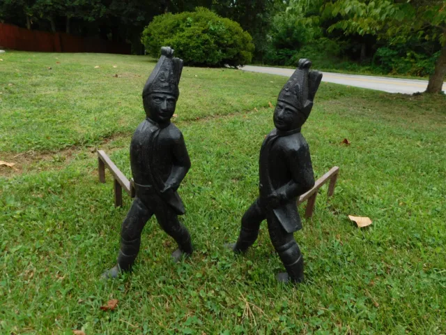 2 Vintage Cast Iron Hessian Army Soldiers Fireplace Andirons Fire Dogs 20" Tall