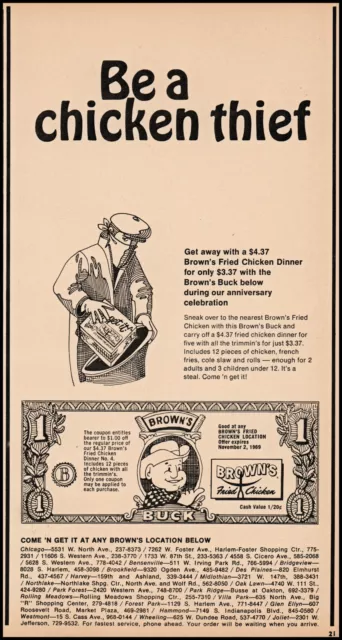 1969 Brown's Fried Chicken Chicago Restaurant & Catering retro art print ad  S38