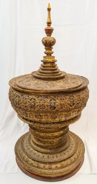 43" Massive Gilt & Glass Rhinestone Lacquer Stupa Thai Burmese South East Asian 2