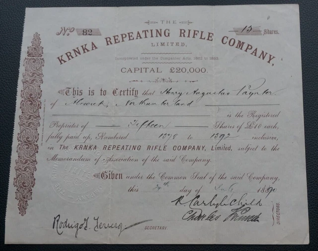 Krnka Repeating Rifle Co. share certificate no. 82 dated 1090, brown
