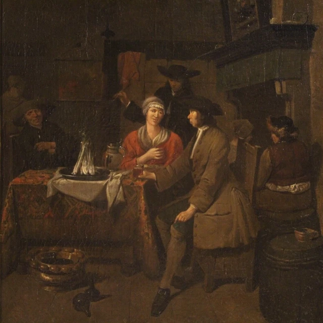Pintura antigua flamenca oleo sobre lienzo escena interior siglo xviii cuadro