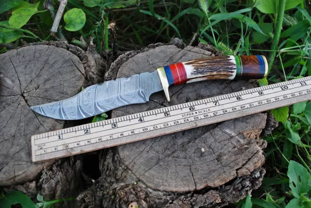 Stag Antler Damascus Steel Custom Made Sharp Hunting Dagger Bowie Knife Sheath