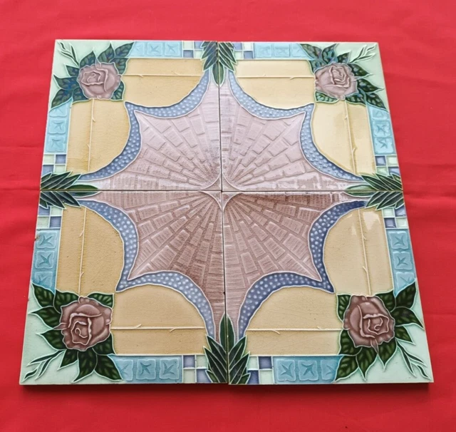 4 Piece Set Old Art Flower Design Embossed Majolica Ceramic Tiles Japan 0214 2