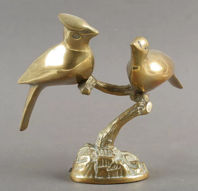 Sculpture Animaliere En Bronze - Couple D'oiseau Perche - Jaseur Boreal