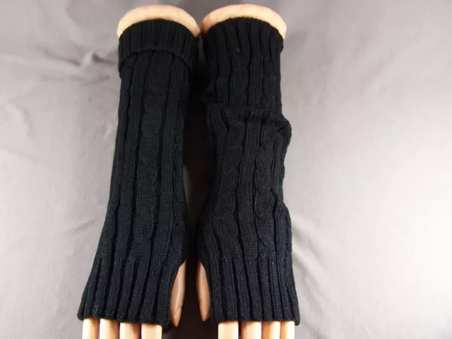 Black cable ribbed knit long arm warmers fingerless gloves texting open thumb