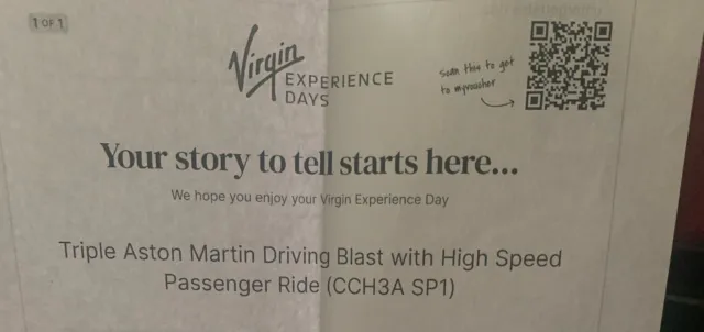 Virgin Experience Days Voucher Expiry, 07/07/24, Aston Martin Driving Blast.