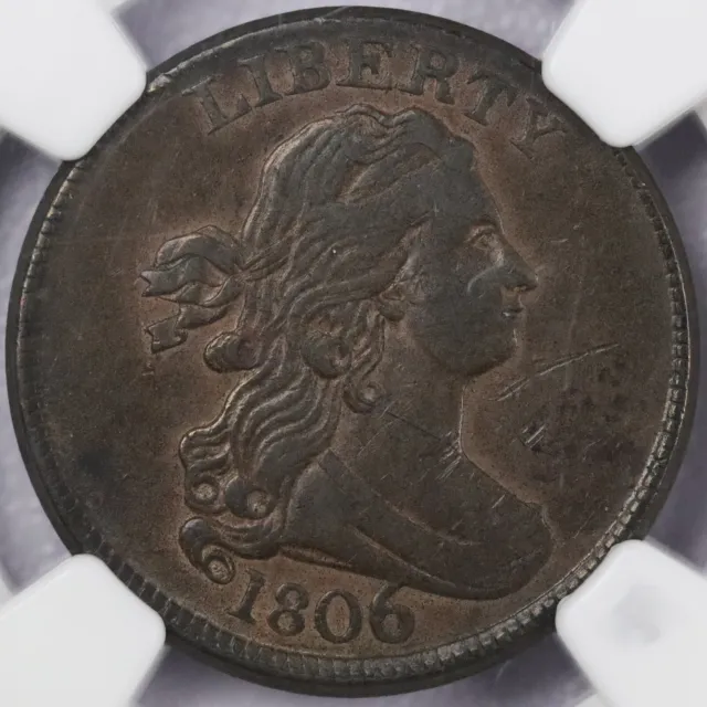 1806 1/2c Draped Bust Half Cent, Large 6, Stems - NGC XF 45 BN