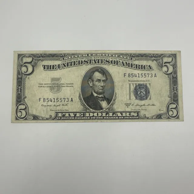 1953 B $5 Silver Certificate Note Blue Seal VF+