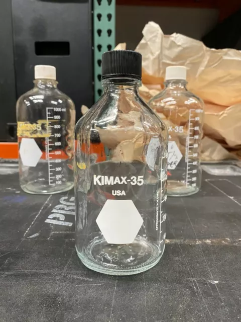 Lot of 3  KIMBLE KIMAX-35 GLASS GRADUATED MEDIA BOTTLES WITH CAPS-VARIOUS SIZES