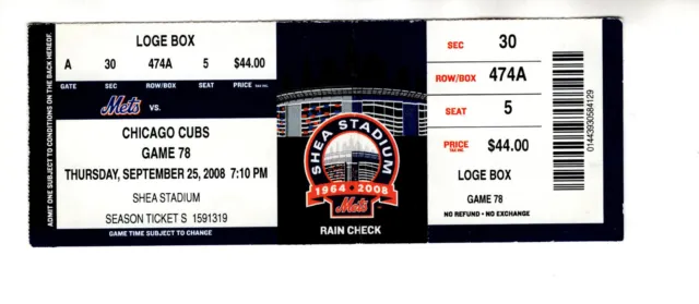 Mets Vs Cubs Ticket Stub From 2008         Rare       Last Week At Shea Stadium