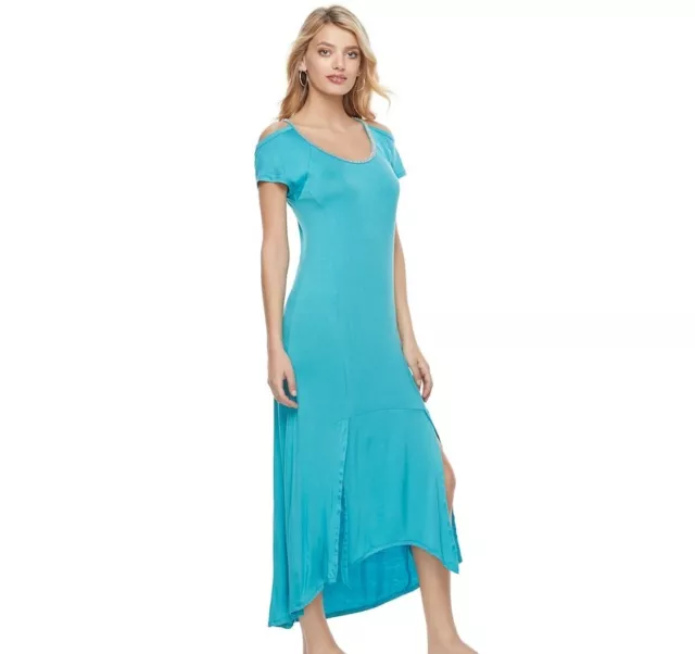 Juicy Couture Turquoise Embellished Cold Shoulder Maxi Dress Womens Large NEW