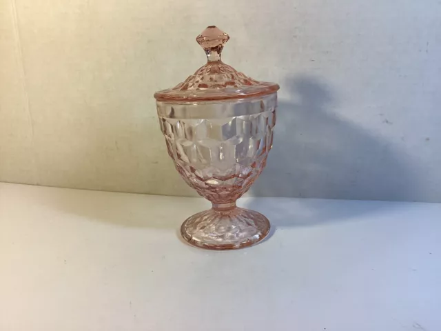 Anchor Hocking ? Pink Miss America? Crystal Tall Footed CANDY DISH with Lid