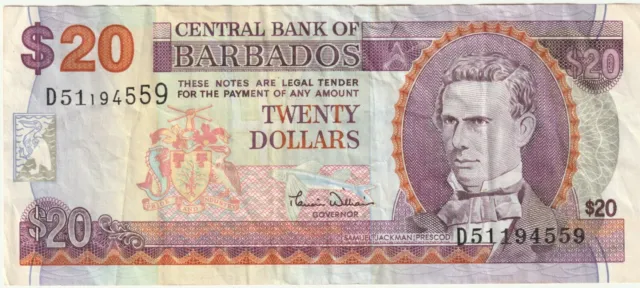 Barbados $20 Dollar Used Banknote 1997 - 99 De La Rue - Samuel Jackman Prescod