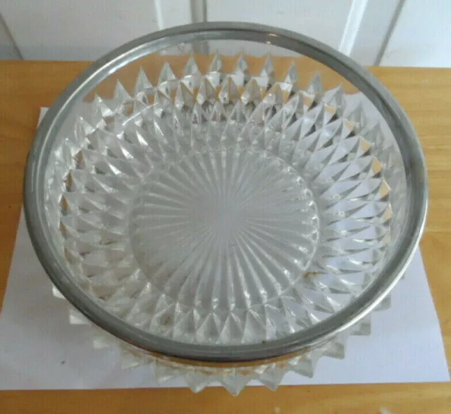 Large Heavy Cut Glass Serving Bowl England Diamond Point w/ Stainless Steel Band