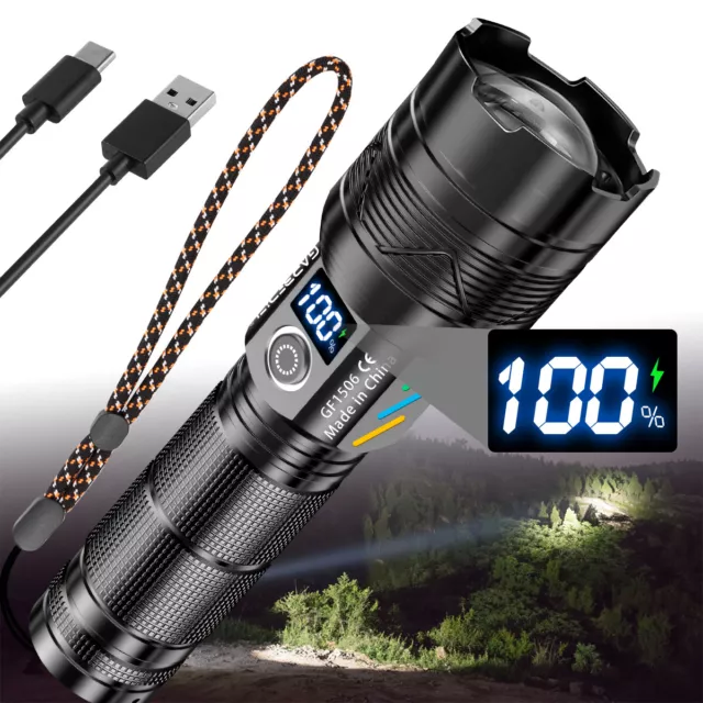 1200000Lumens Powerful LED Flashlight Rechargeable Tactical Police Zoom Torch