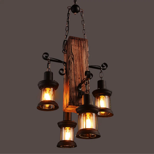 4 Heads Wood Chandelier Iron Ceiling Lamp Industrial Rustic Pendant Retro Light