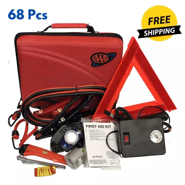 Roadside Emergency Car Tire Inflator Jumper Cable Warning Triangle First Aid Kit