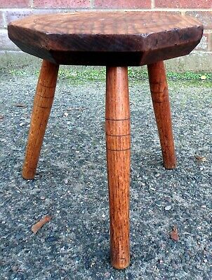 Victorian antique solid oak pokerwork Arts & Crafts tripod milking foot stool 2