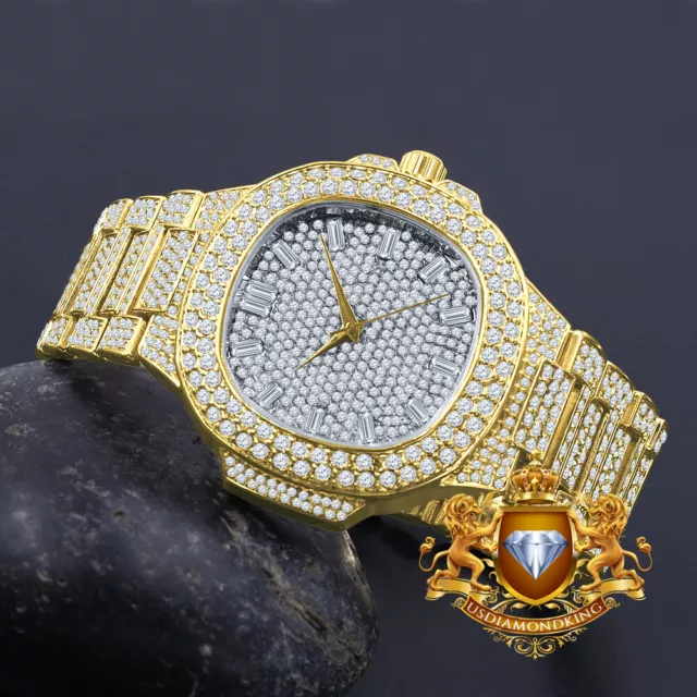 Mens Yellow Gold Finish Simulated Diamond Solid Steel Back 43mm Metal Band Watch