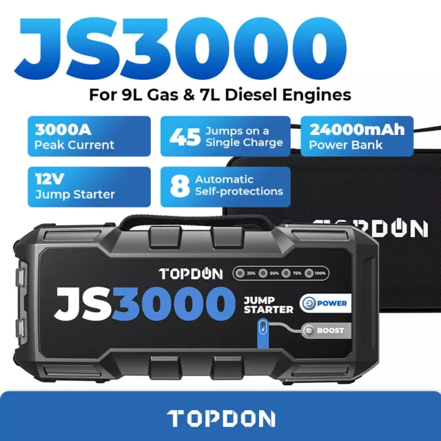 TOPDON JS3000 CAR Jump Starter Battery Charger Booster Power Bank Portable  3000A £119.99 - PicClick UK