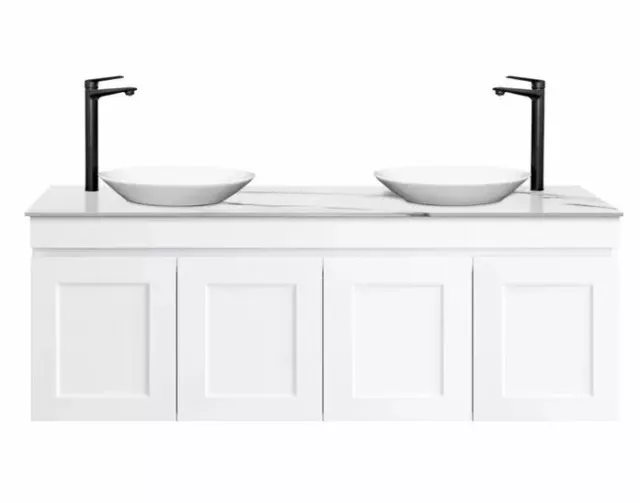 Hampton Matte White 1200Mm Wall Hung Double Bowl Vanity Stone/Ceramic Top