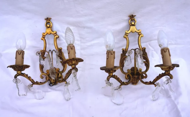 French Louis XV style Pair Brass Bohemian Crystal 2 Light Wall Sconces 1940