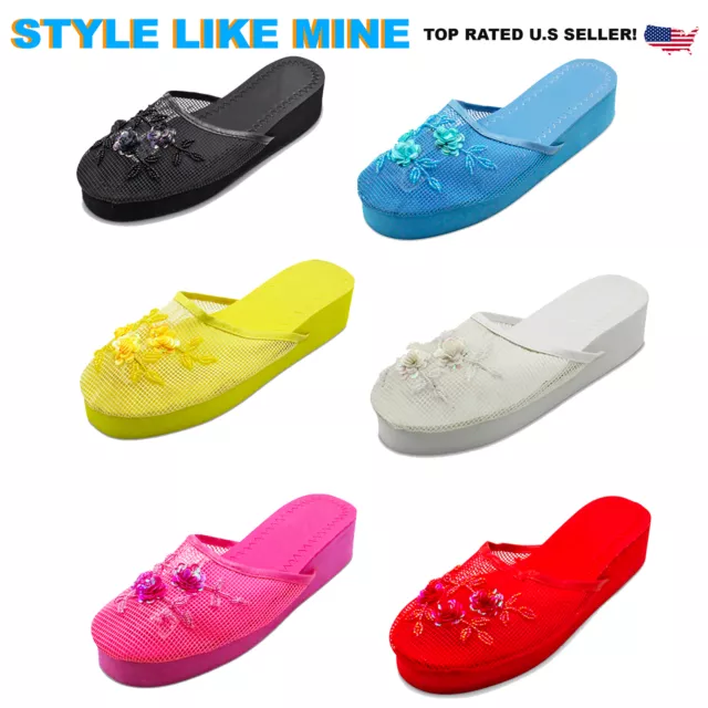 Cammie women's floral best sale beaded mesh chinese slippers