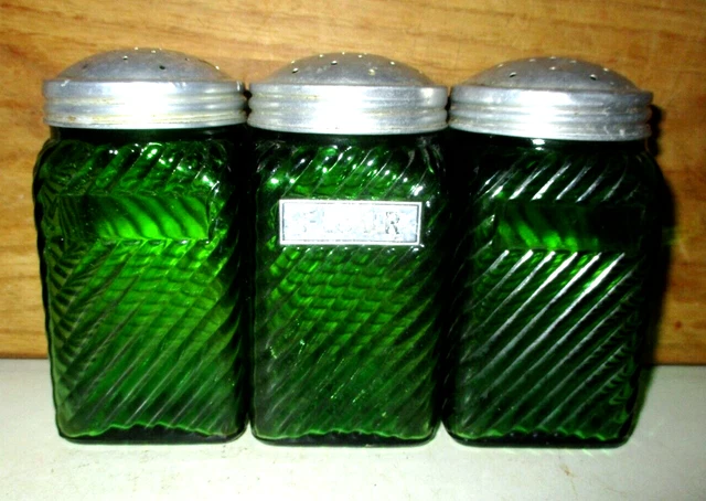 3 Vintage Owens Illinois Forest Green Ribbed Glass Hoosier Jars With Lids