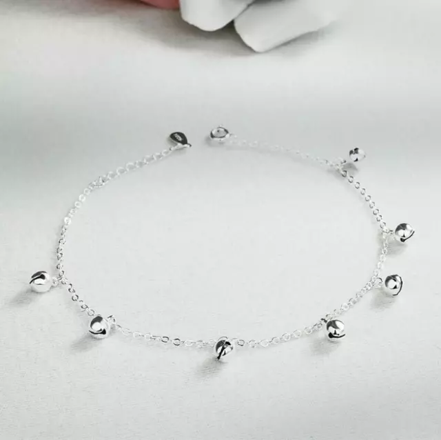 Women‘s Silver SP 7 Bells Charm Beaded Chain Foot Bracelet Anklet