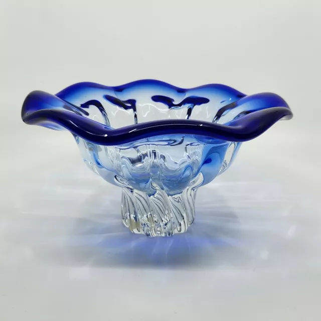 SHANNON CRYSTAL DESIGNS OF IRELAND Cobalt Blue to Clear Ruffled Rim Bowl Poland