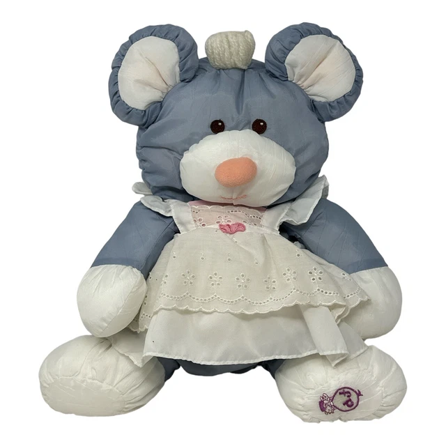 VTG Fisher Price 1987 Puffalump Gray Mouse Plush White Apron Dress 8013 Stuffed