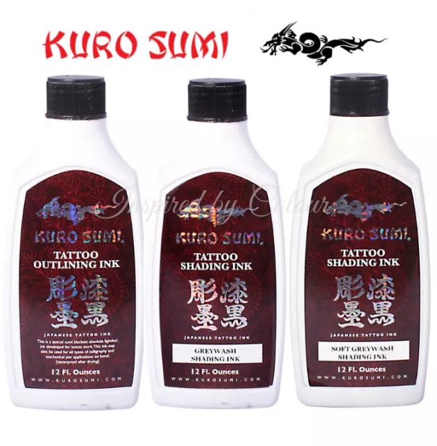 KURO SUMI Tattoo Ink Shading Set ●BLACK OUTLINING ●GREYWASH ●SOFT GREYWASH ●12oz